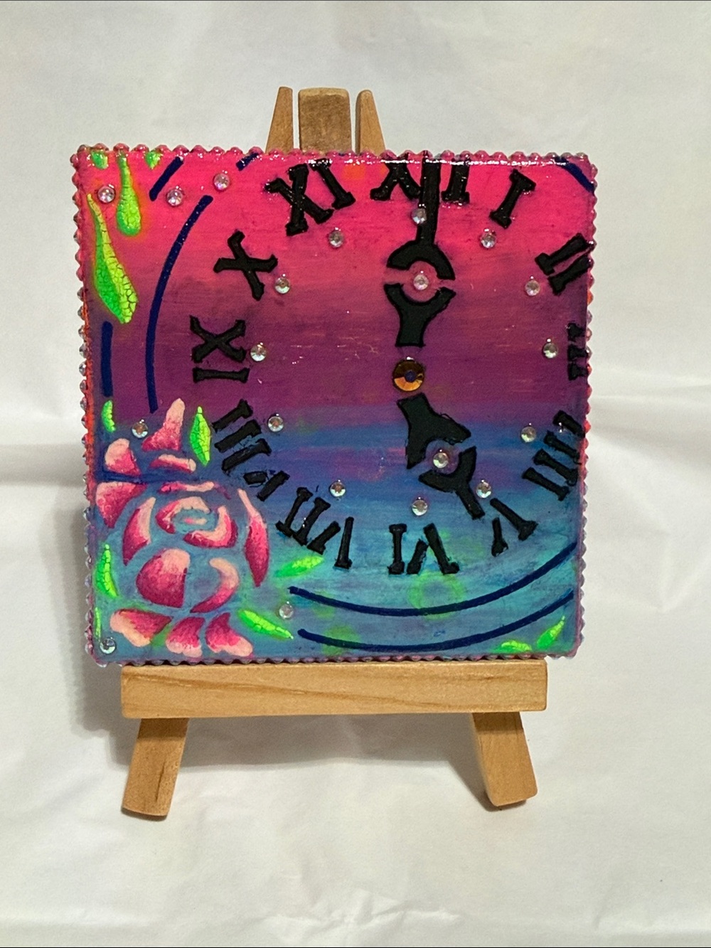 Hand painted Floral Clock Mini Art w Rhinestones & Easel